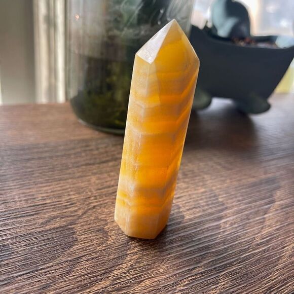 Orange Calcite tower small banding standing point polished decor natural - Picture 3 of 7
